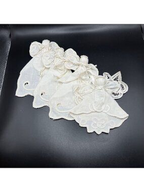 White Cotton Lace Angel Ornaments Set of 4 Embroidered Details & Pearl Accents